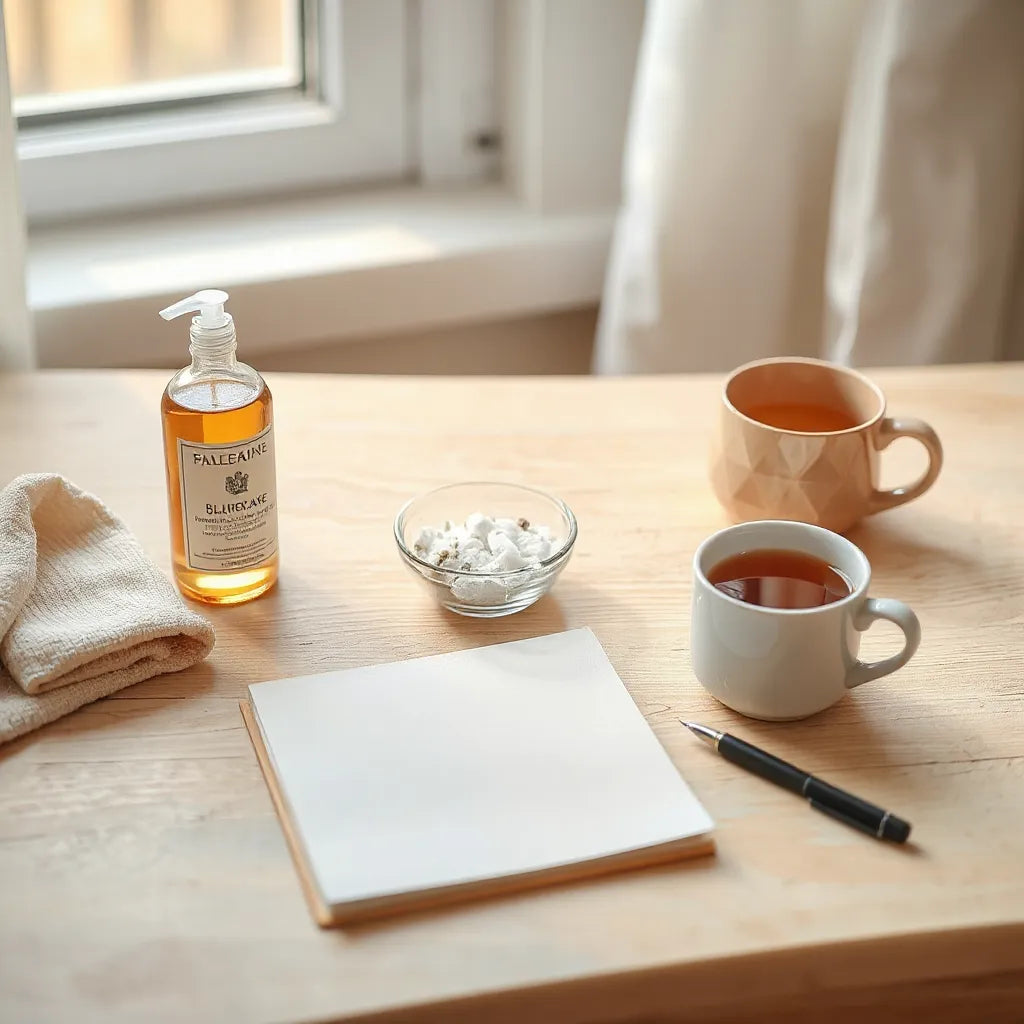 Skincare items, herbal tea, and a journal arranged on a light wooden desk for daily self-care