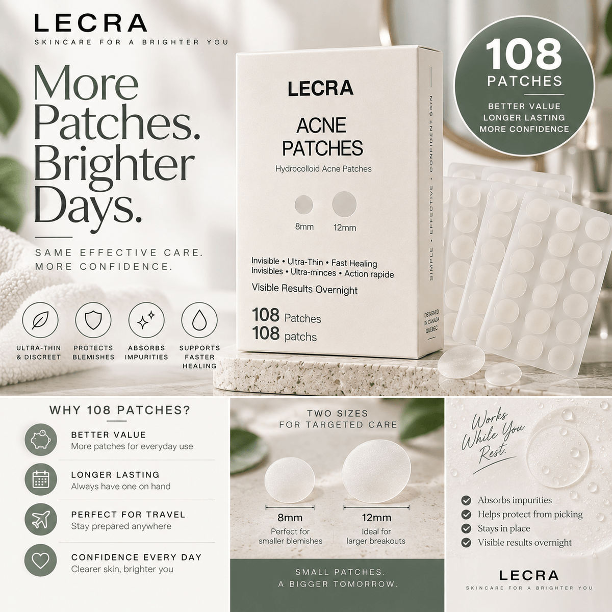 Acne Pimple Patches, Hydrocolloid, 108 Count, Blemish Care - LECRA
