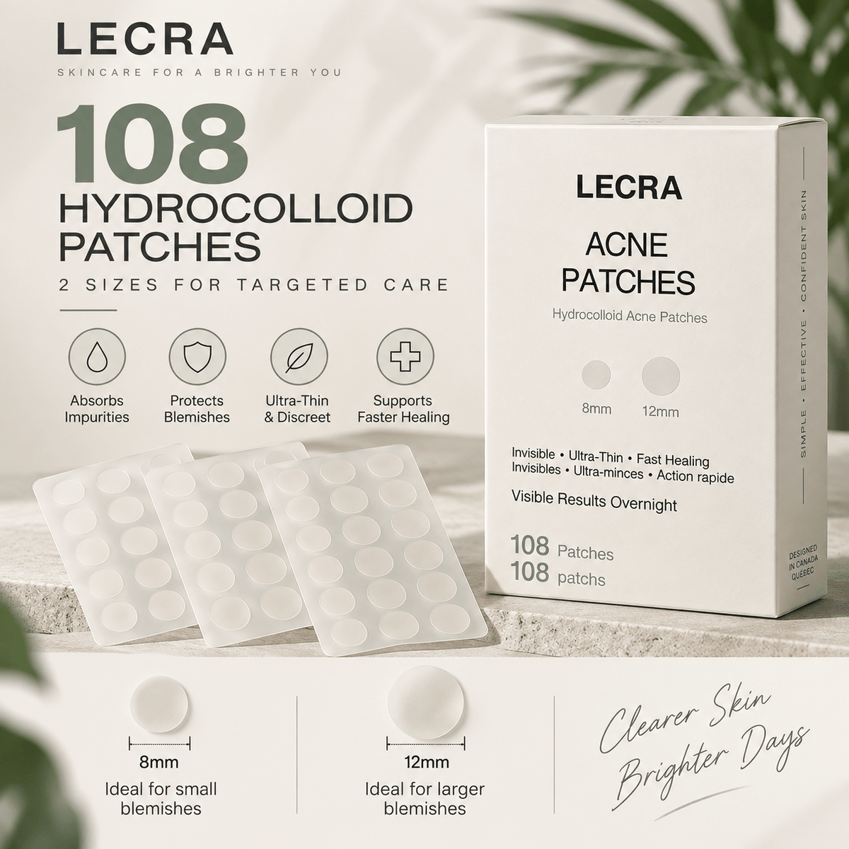 Acne Pimple Patches, Hydrocolloid, 108 Count, Blemish Care - LECRA