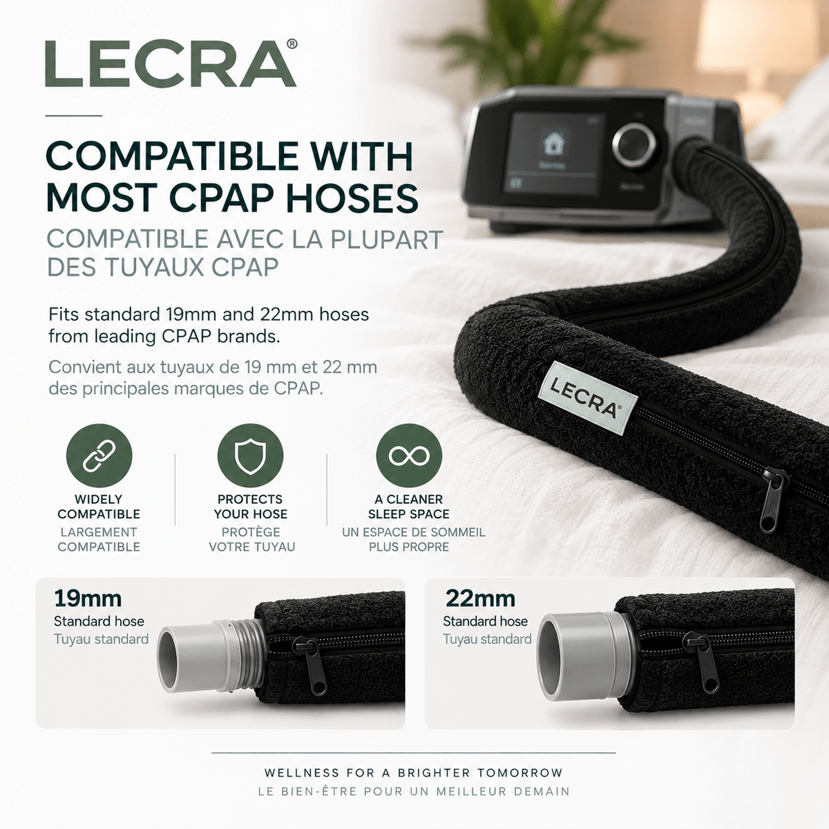 CPAP Hose Cover, 200 cm, Soft Fleece Tube Protector with Zipper - LECRA