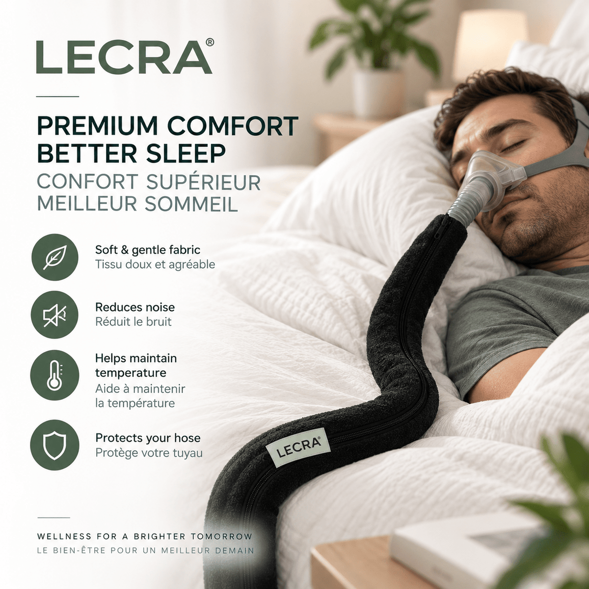 CPAP Hose Cover, 200 cm, Soft Fleece Tube Protector with Zipper - LECRA