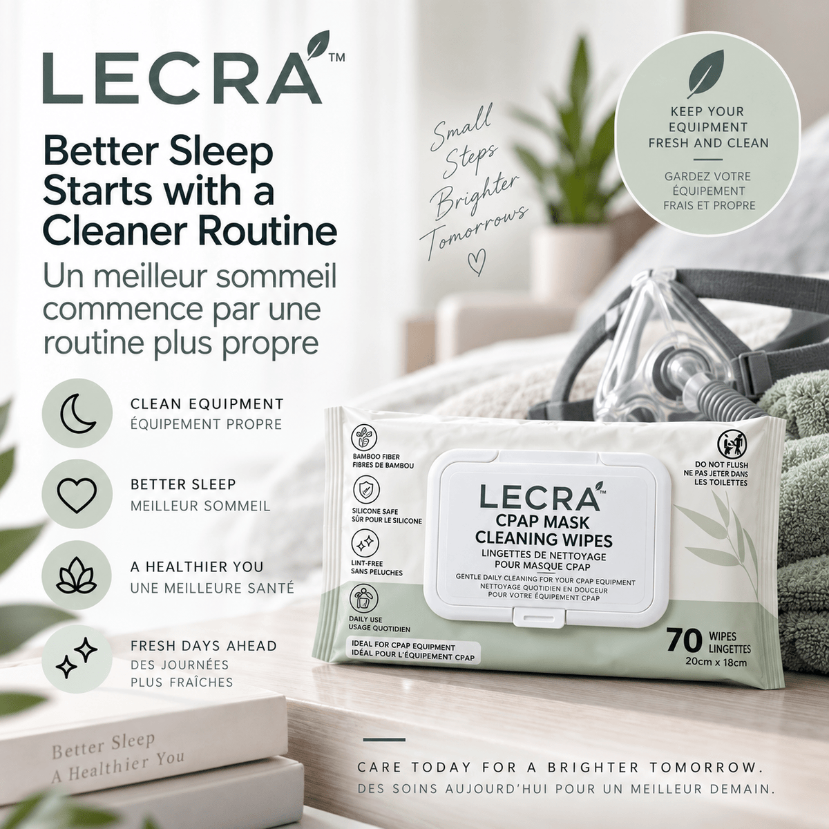 CPAP Mask Cleaning Wipes, Disposable Equipment Bamboo Cleaning Wipes, 70 Count - LECRA