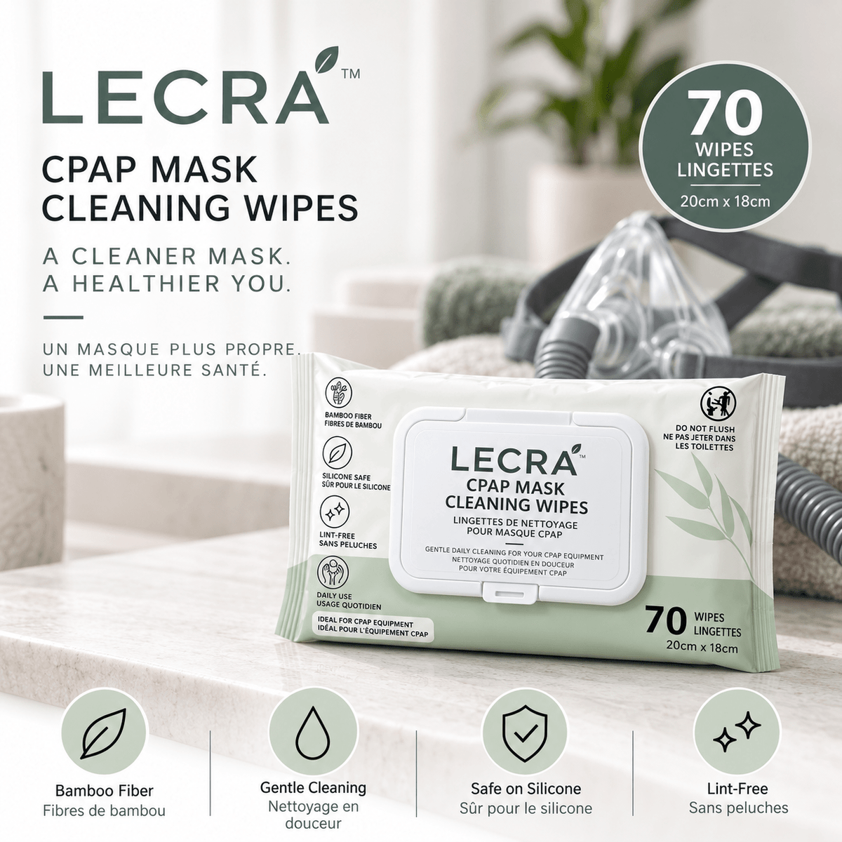 CPAP Mask Cleaning Wipes, Disposable Equipment Bamboo Cleaning Wipes, 70 Count - LECRA