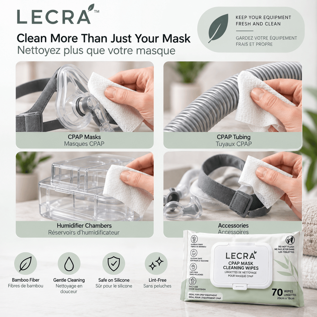 CPAP Mask Cleaning Wipes, Disposable Equipment Bamboo Cleaning Wipes, 70 Count - LECRA