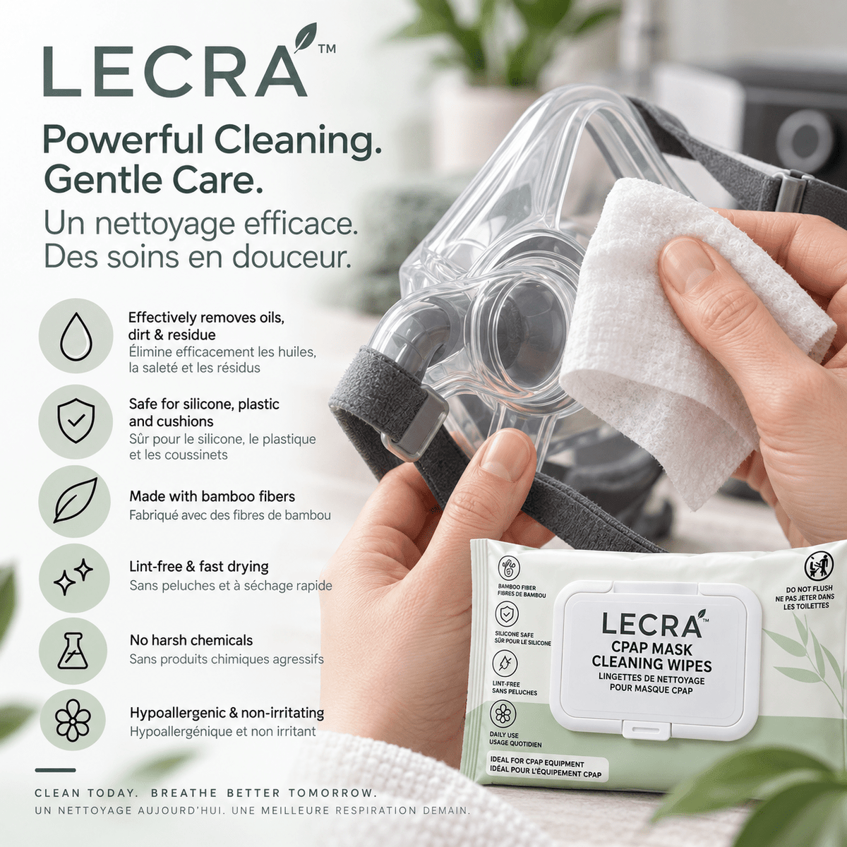 CPAP Mask Cleaning Wipes, Disposable Equipment Bamboo Cleaning Wipes, 70 Count - LECRA