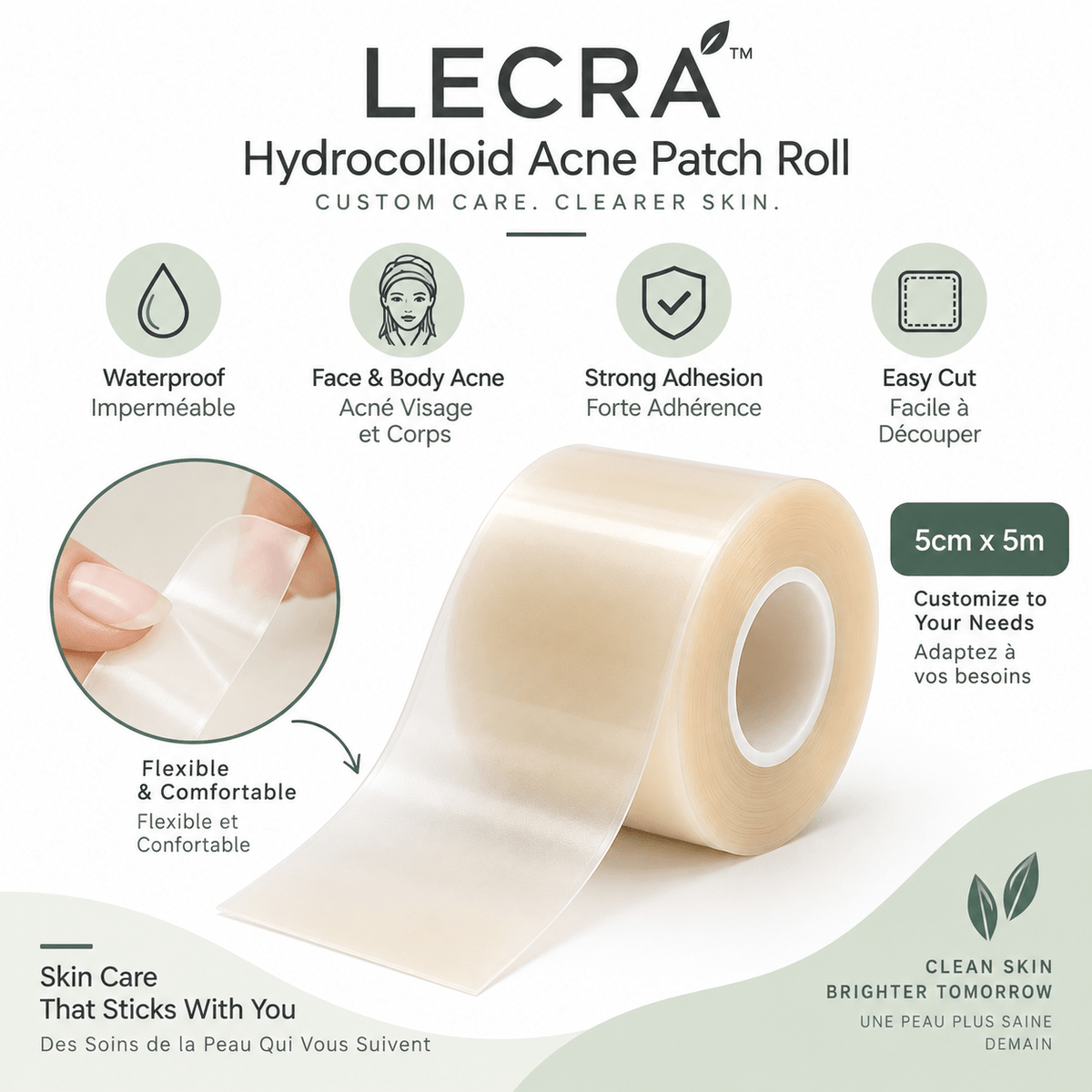 Hydrocolloid Acne Patch Roll, 5 cm x 5 m, Cut-to-Size Blemish Patches for Face and Body - LECRA
