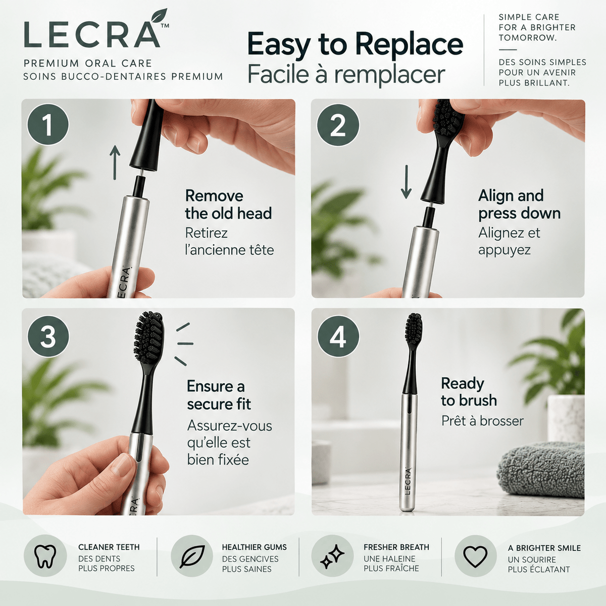 Manual Toothbrush Replacement Heads, 2-Pack, Black, Replaceable Brush Heads for Daily Oral Care - LECRA
