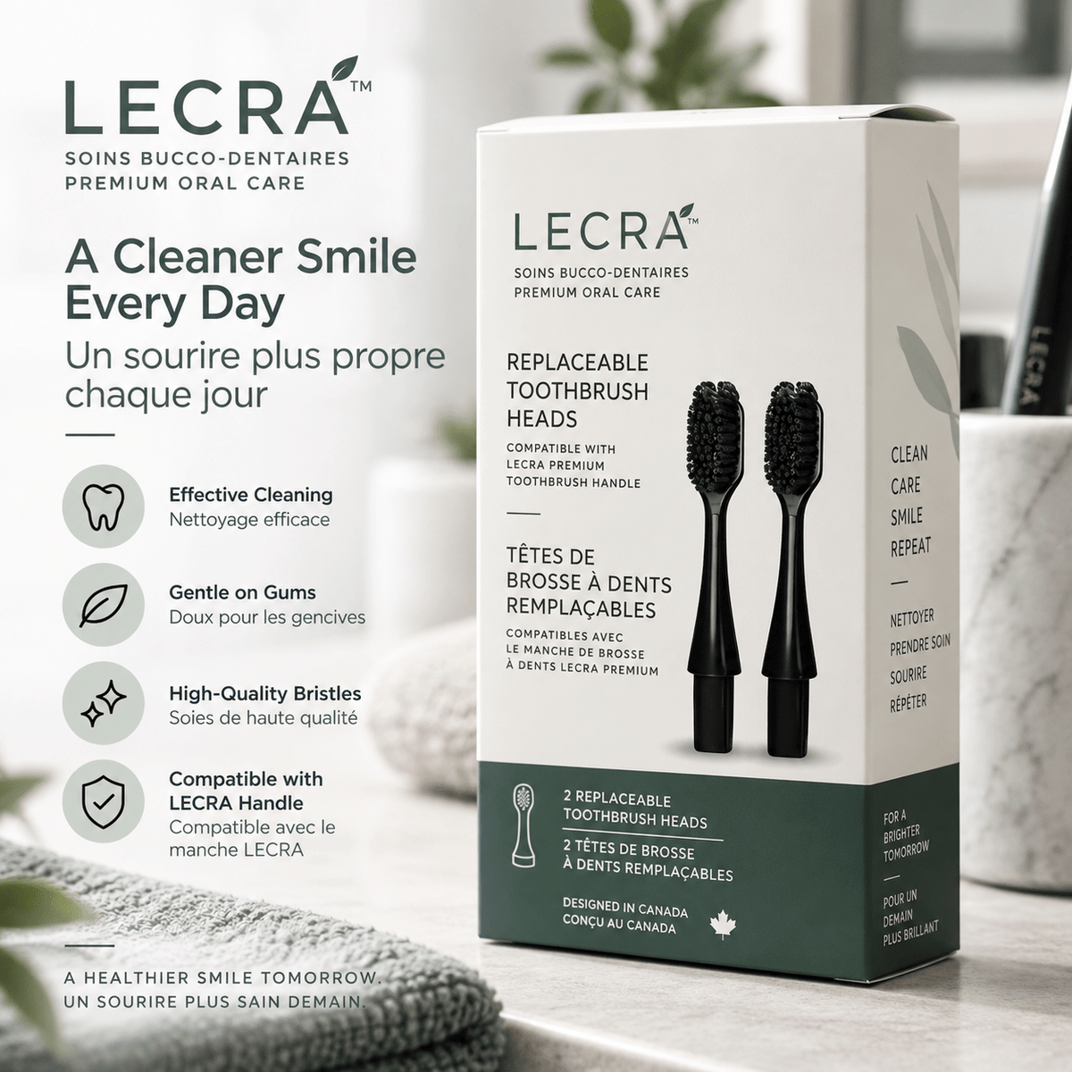 Manual Toothbrush Replacement Heads, 2-Pack, Black, Replaceable Brush Heads for Daily Oral Care - LECRA