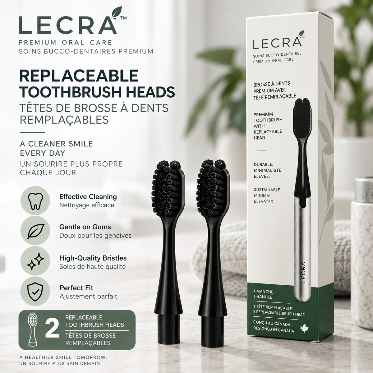Manual Toothbrush Replacement Heads, 2-Pack, Black, Replaceable Brush Heads for Daily Oral Care - LECRA