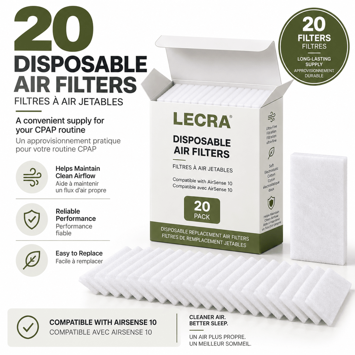 Replacement CPAP Filters Compatible with ResMed AirSense 10, AirCurve 10 and S9, Disposable Filters, 20-Pack - LECRA