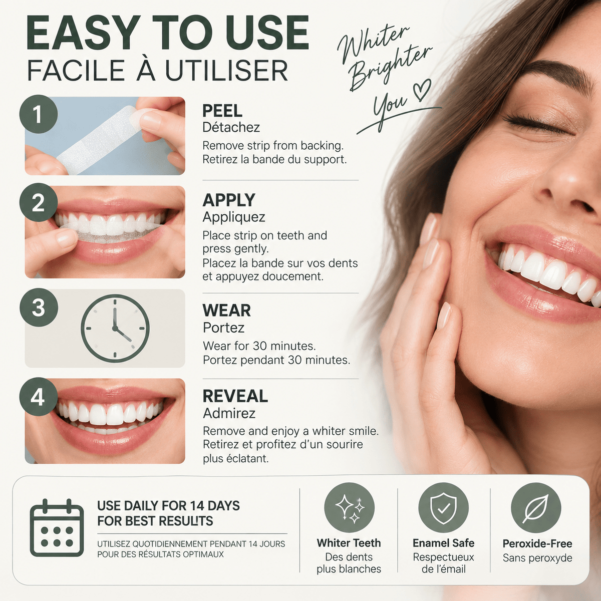 Teeth Whitening Strips, 14 Treatments, Peroxide-Free 30% PAP Formula, At-Home Whitening - LECRA